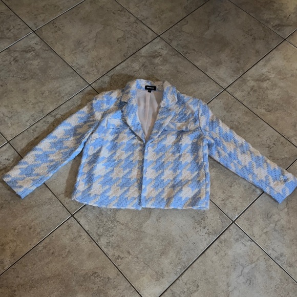 Express Jackets & Coats Cream Blue Houndstooth Blazer By Express